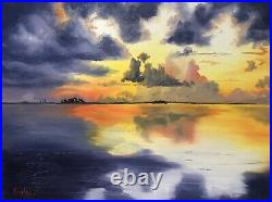 Original Sunset Oil Painting On Canvas Ocean Blue Gold seascape 12x16 canvas Art