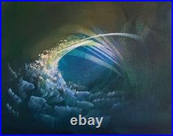 Original Surrealist landscape painting, small acrylic on canvas, blue, green