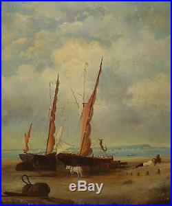 Original Vtg Oil on Canvas Painting. Large Sailboats on Beach by Jerry Tuthill