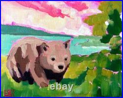 Original Wombat Whimsy Landscape 8x10 Acrylic Canvas Panel Signed Wall Art