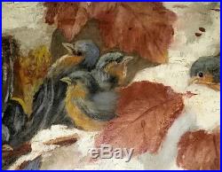 Original antique oil on canvas painting Blue Birds in Snow with Autumn Leaves
