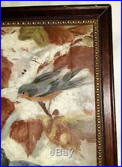 Original antique oil on canvas painting Blue Birds in Snow with Autumn Leaves