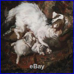 Original antique oil painting on canvas portrait cat kittens dog French frame