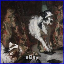 Original antique oil painting on canvas portrait cat kittens dog French frame