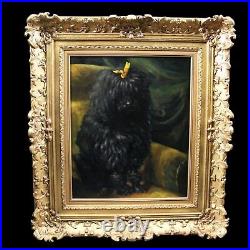 Original antique oil painting on canvas portrait of dog poodle 19th