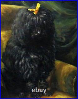 Original antique oil painting on canvas portrait of dog poodle 19th