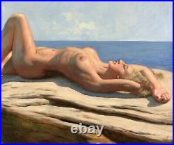 Original antique oil painting on canvas, reclining nude beauty Roxane french