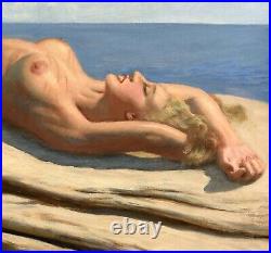 Original antique oil painting on canvas, reclining nude beauty Roxane french