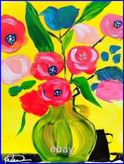 Original art 14 X 11 FlowerGlass Colorful Modern Art Acrylic Painting on Canvas