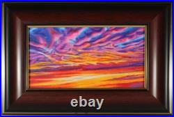 Original art sunset color 4x7 pencil drawing framed colorful clouds pink