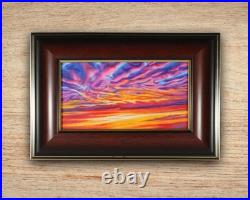 Original art sunset color 4x7 pencil drawing framed colorful clouds pink