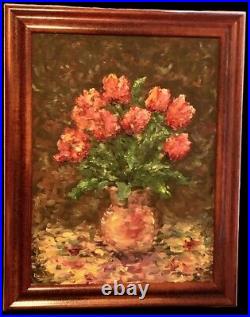 Original framed painting oil on canvas Olga Holroyd red flowers 17 x 24