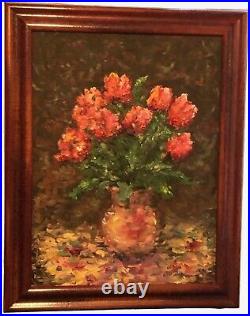 Original framed painting oil on canvas Olga Holroyd red flowers 17 x 24