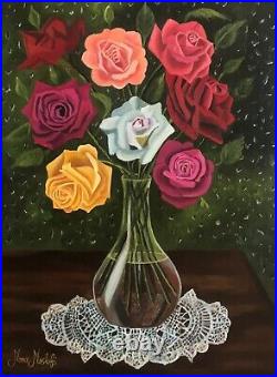 Original oil painting on canvas, rose vase, unframed, 12 x 16, new, realism art