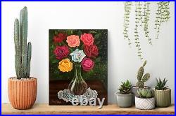 Original oil painting on canvas, rose vase, unframed, 12 x 16, new, realism art