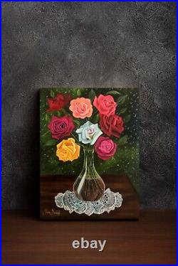 Original oil painting on canvas, rose vase, unframed, 12 x 16, new, realism art