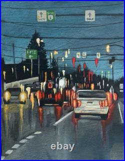 Original painting Impressionism Night City Traffic Acrylic Painting on Canvas
