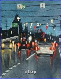 Original painting Impressionism Night City Traffic Acrylic Painting on Canvas