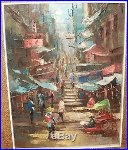 P. Nhan Thailand Market Street Scene Old Original Oil On Canvas Painting
