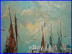 P. Stirrat Vtg Original Framed Seascape Sailboats Oil Painting On Canvas Signed