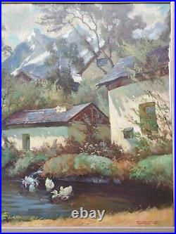 PAUL JOHANN WALCH Germany Alpine Mountain Village Landscape Cottage with Duck Pond