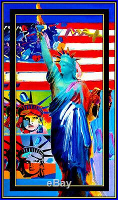 PETER MAX Original signed PAINTING on CANVAS Full LIBERTY HEAD Flag with Heart