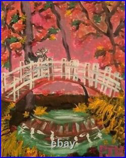 PJH STUDIOS- Modern Art Acrylic On Canvas Japanese Geisha Crossing The Bridge