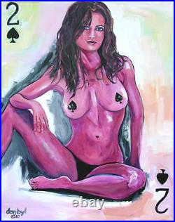 POKER ToplessTwo of Spades Babe Original Art PAINTING DAN BYL Contemporary 4x5