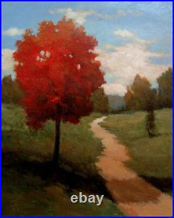 Painting Original Acrylic on Canvas Landscape Art. Red Tree by Hunoz 20 x 16
