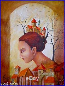 Painting Original oil on canvas fine contemporary art Modern surrealism Old town