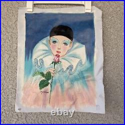 Painting Signed Portrait Oil On Canvas Woman Rose Unstretched Unframed Clown