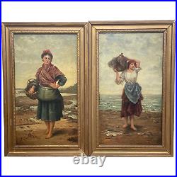 Pair Genre Victorian Oil Paintings Cockle Pickers Female Figures On Shoreline