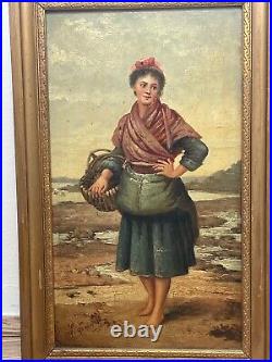 Pair Genre Victorian Oil Paintings Cockle Pickers Female Figures On Shoreline