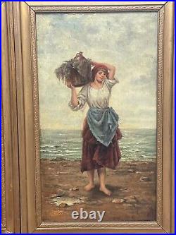 Pair Genre Victorian Oil Paintings Cockle Pickers Female Figures On Shoreline