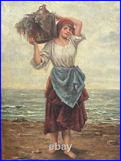 Pair Genre Victorian Oil Paintings Cockle Pickers Female Figures On Shoreline