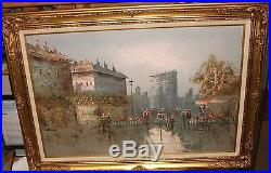 Paris Market Street Scene Huge Original Oil On Canvas Painting Signed