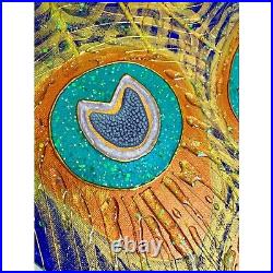 Peacock Sparkle Original Art Mixed Media Artwork Glitter Painting Canvas 11x14in