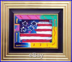 Peter Max American Flag Acrylic on canvas Original Art withcustom frameHand Signed