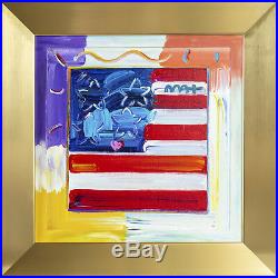 Peter Max Flag with Heart Original Acrylic Painting on Canvas Hand painted Signed