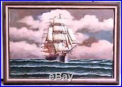 R. LONGANESI Vintage Oil on Canvas 24x36 Original Painting Clipper Tall Ship
