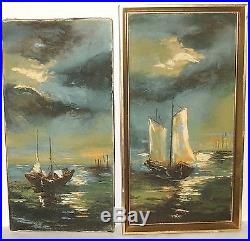 R. Marce Pair Of Sail Boats At Sea Original Oil On Canvas Seascape Paintings