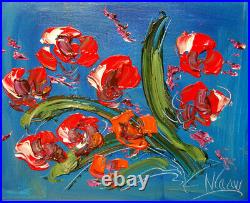 RED FLOWERS ON BLUE ART Painting Original Oil Canvas Gallery BY MARK KAZAV