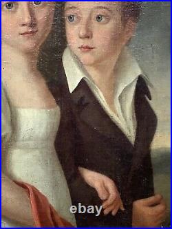 Rare 19thC Antique oil painting Portrait Children in blue eyes French Romantism