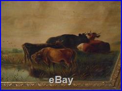 Rare Antique T Wade Original Oil Painting On Canvas Antique Frame Cows Landscape