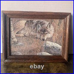 Rare Jerrie Glasper Signed Oil Painting Wolf Laying In Nature Landscape 8 X 6