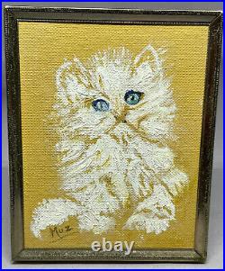 Rare Vintage White Cat Oil On Canvas Painting Brass Frame Signed Muz 5X7