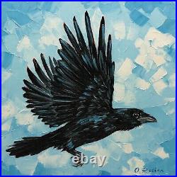 Raven Oil Painting Original on Canvas Crow In Flight Painting Black Bird Art