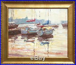 Richard Original Oil Painting Art on Canvas sailboats harbor Impressionism OBO