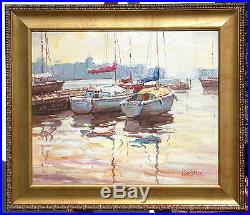 Richard Original Oil Painting Art on Canvas sailboats harbor Impressionism OBO
