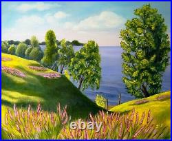 River Landscape Oil Painting Riverside Original Art On Canvas Thees By Water